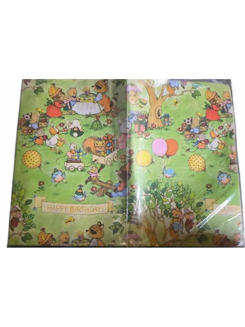 Vintage Buzza Juvenile Birthday Gift Wrap Two Big Sheets 20x30in Animals Green